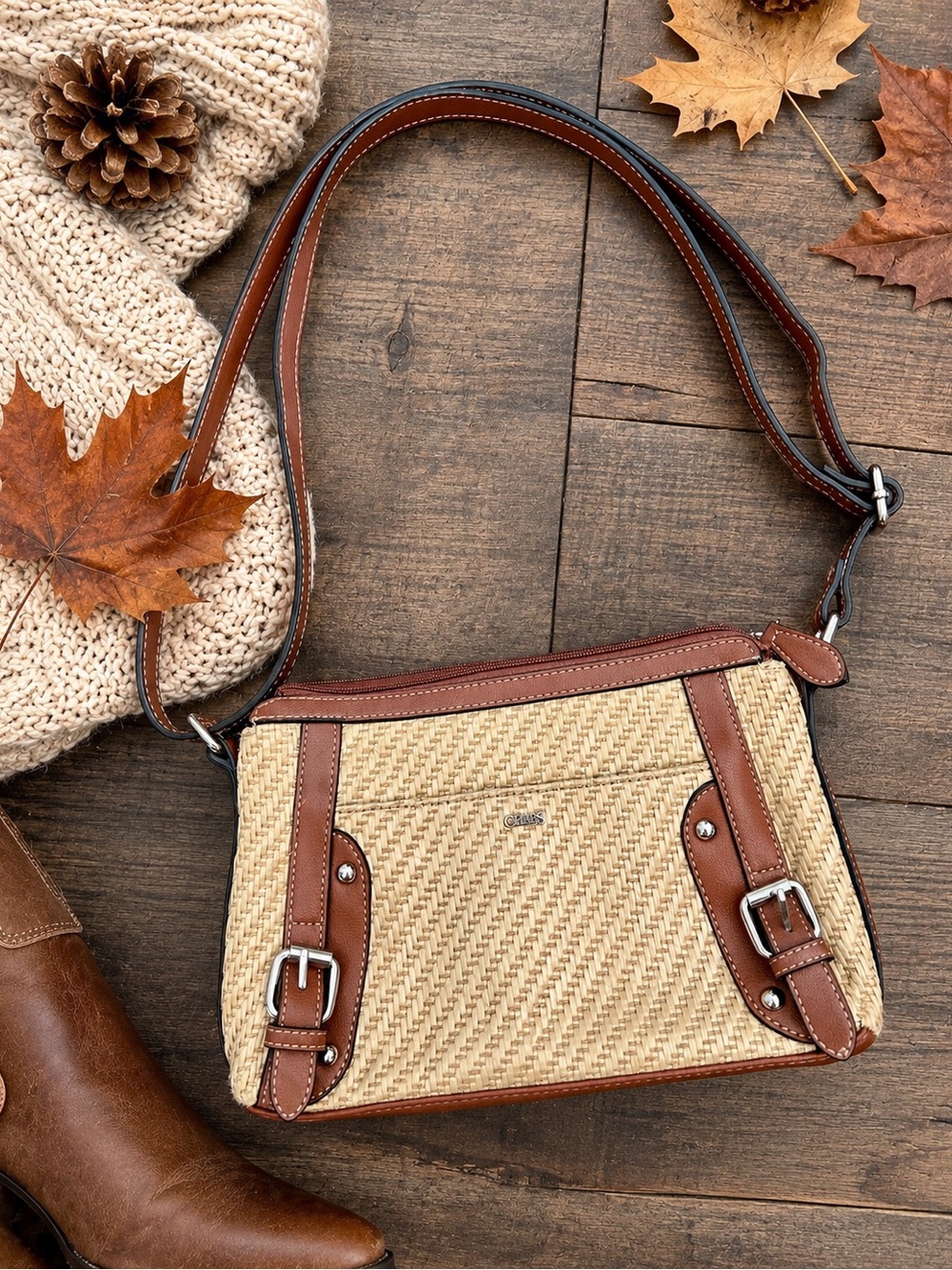 Chaps Woven Straw Crossbody Bag Brown Faux Leather Buckle Shoulder Purse